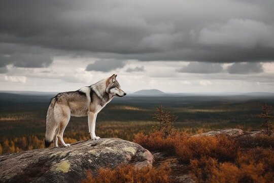 Stunning Nordic landscape with magnificent wolf. Generative AI