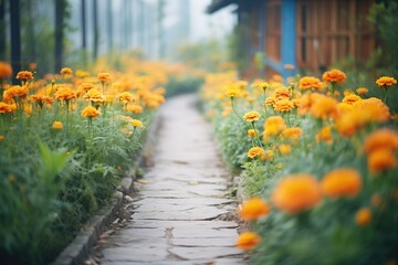 a pathway lined with marigold plants