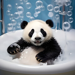 panda takes a bubble bath