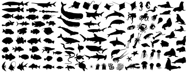 Big collection of sea animals. More than 100 silhouettes of various types of sea animals. Vector illustration - obrazy, fototapety, plakaty