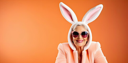 Banner. Easter concept, mature beautiful and happy woman in bunny costume on solid peach background, color of the year 2024 Peach Fuzz. Copy space.