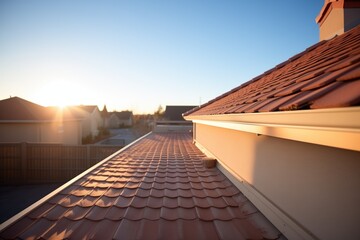 evening sun casting shadows on a claytiled roof - obrazy, fototapety, plakaty