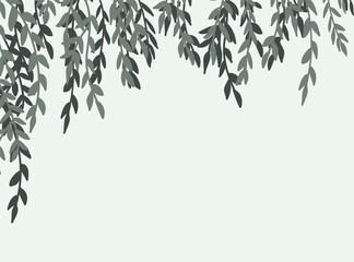 Green willow tree branches frame isolated on white background. Corner tree leaves branches isolated vector.