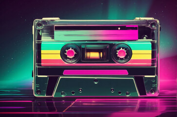 Retro music casette with retro colors eighties and nineties style, cassette tape, mix tape retro cassette design, Music vintage audio theme, Synthwave and vaporwave template. Grainy nostalgia style - obrazy, fototapety, plakaty