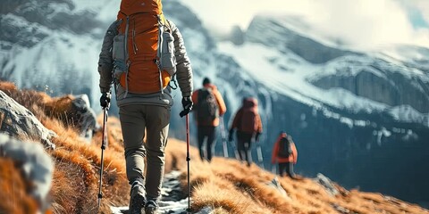 Winter wanderlust. Adventurous person embracing thrill of hiking in snow surrounded by majestic nature conveying essence of travel exploration and outdoor excitement - obrazy, fototapety, plakaty