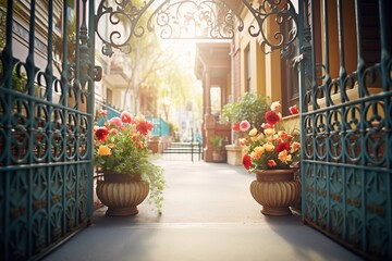 ornate iron gates opening to a sunlit courtyard with flowers