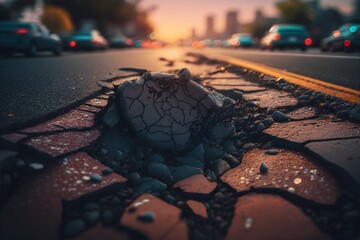 Nature's Fury Unleashed: Aftermath of an Earthquake, Earth Split and Road Cracked Wide Open. A Powerful Visual Allegory of Natural Forces, Ideal for Illustrating Resilience and Rebuilding Concepts - obrazy, fototapety, plakaty