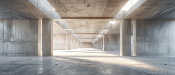 Empty underground parking background in modern building with concrete white walls with sunlight going through ceiling skylight portal, Template 3d rendering. Generative ai