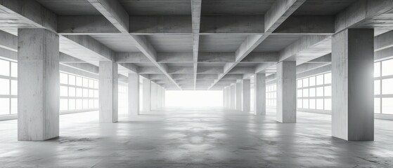 Empty underground parking background in modern building with concrete white walls with sunlight going through ceiling skylight portal, Template 3d rendering. Generative ai - obrazy, fototapety, plakaty