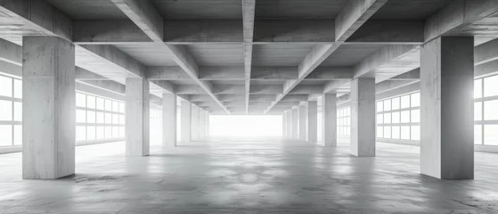 Fotobehang Empty underground parking background in modern building with concrete white walls with sunlight going through ceiling skylight portal, Template 3d rendering. Generative ai © Mickael