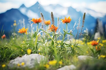 wildflowers blooming in an alpine meadow with peaks behind
