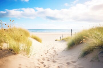 sand dunes with a clear path leading to the sea