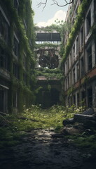 Fototapeta na wymiar abandoned city overgrown with jungle