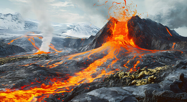 Volcanic Eruption with Red Glowing Lava Flow