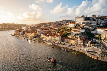 Panoramic view of the city of Oporto during sunset. Porto skyline. Magnificent sunset over downtown Porto and the Douro river, Portugal. The Dom Luis I bridge is a popular tourist spot. - obrazy, fototapety, plakaty