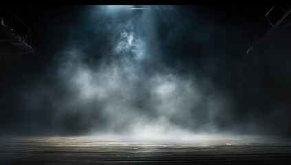 Dark Abstraction: Foggy Black Stage in an Empty Concrete Hall with Spotlight - obrazy, fototapety, plakaty