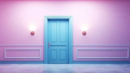 Violet colored interior, empty room with door. Pastel colour palette. Minimalist contemporary concept. Generative AI