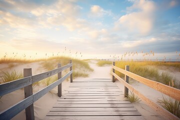 Obraz premium a boardwalk leading over dunes to the ocean