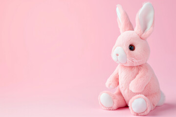 Cute Pastel Pink Easter bunny rabbit soft baby toy with blank empty space for mom-to-be or nursery product or text mockup banner, plain simple natural backdrop background  for social media marketing