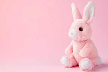 Obraz premium Cute Pastel Pink Easter bunny rabbit soft baby toy with blank empty space for mom-to-be or nursery product or text mockup banner, plain simple natural backdrop background for social media marketing