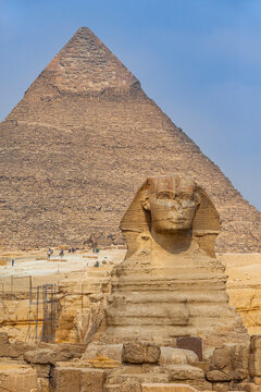 View of The Giza Necropolis, Famed archaeological site featuring the Great Pyramids, the Great Sphinx and The Great Pyramid of Giza in the desert of Giza, Cairo, Egypt.
