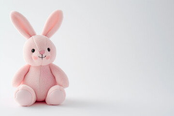 Obraz na płótnie Canvas Pastel Pale Pink Easter bunny rabbit soft babies toy with blank empty space for baby new mom or nursery product or text mockup banner, plain white simple chic natural backdrop background 