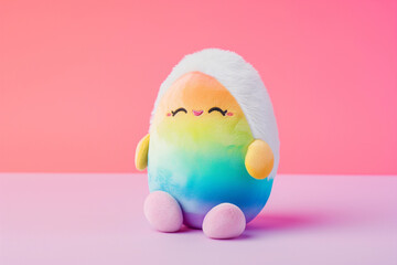 Cute Rainbow Easter Egg soft kid plushie toy with blank empty space for baby POD product or text mockup, plain peach pink kawaii fun backdrop background   - obrazy, fototapety, plakaty