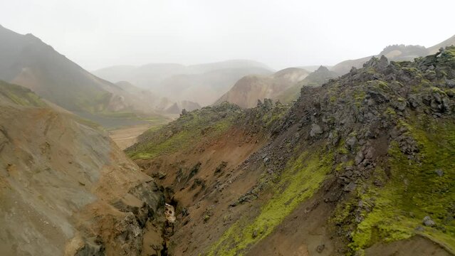 Aerial: Top Famous Laugavegur Hike Trail Iceland Magnificent Highlands Colorful Mountains Gloomy Moody Day Landmannalaugar