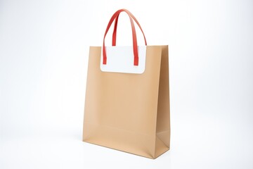 flat lay of paper bag with handles on pure white surface