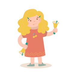 Little cute girl is playing musical bell. Music vector cartoon illustration.
