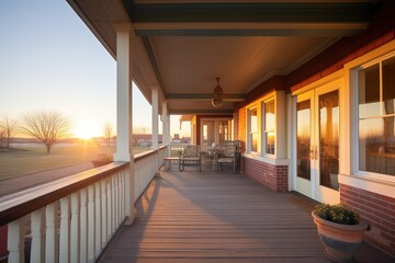 sunrise view of prairie house, brick base, wooden porch - obrazy, fototapety, plakaty