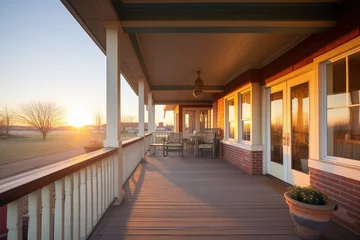 Foto op Plexiglas sunrise view of prairie house, brick base, wooden porch © primopiano