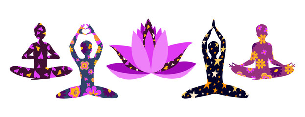 Naklejka premium Yoga. Set of silhouettes of girls. Floral background. Lotus.