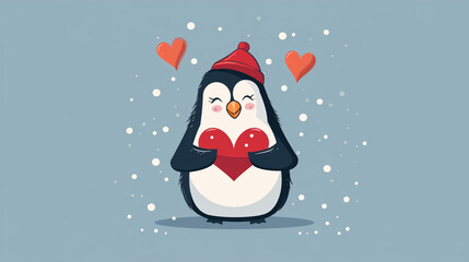 cute cartoon penguin girl with heart on grey background