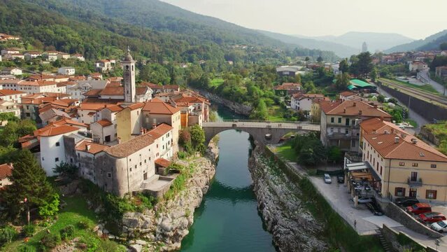 Aerial view of the Kanal ob Soci town in Slovenia.