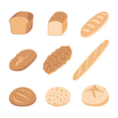 Set of hand drawn types of bread. Simple illustration isolated on white background. Design elements for label, menu, bakery