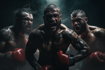 emotional MMA-themed poster: boxers shrouded in fog stand against a dark background - obrazy, fototapety, plakaty