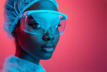 portrait of a beautiful black girl medical worker in a mask on a bright background with space for text