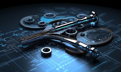 3d rendering of wrench and futuristic business diagram. Generative Ai

