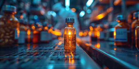 medical discovery: a vial of medicine in the foreground