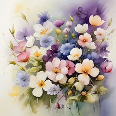 A bouquet of beautiful flowers. Painting. Watercolour