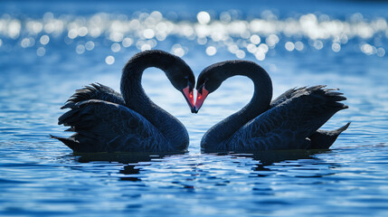 Cisnes negros no lago formando um coração - Papel de pareded