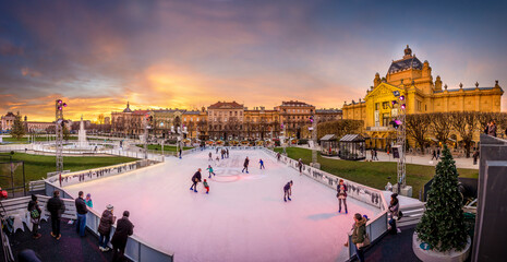 Zagreb, Croatia - 30 November 2016: View of Zagreb ice park during Advent in Croatia.