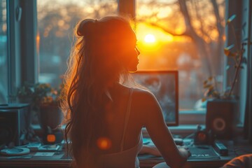 a woman sitting in front of a computer screen looking out the window, in the style of golden light, engineering/construction and design, manapunk, automatism, elegantly formal - obrazy, fototapety, plakaty