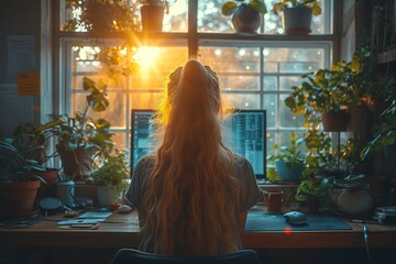 a woman sitting in front of a computer screen looking out the window, in the style of golden light, engineering/construction and design, manapunk, automatism, elegantly formal - obrazy, fototapety, plakaty
