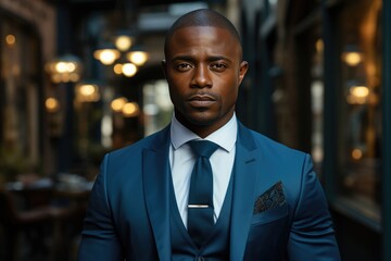 Portrait of a young confident African American businessman in a blue business suit