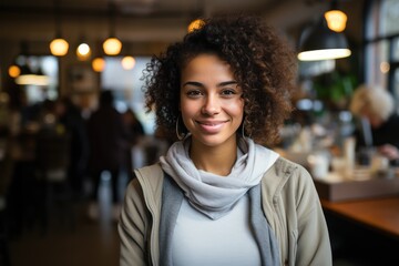 Portrait of a young smiling African American woman in the cafe - obrazy, fototapety, plakaty