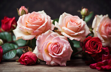 bouquet of pink roses on the table, roses background wallpaper