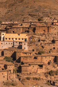 View of Ait Ben Amer, a small town and village on the Atlas mountain range near Marrakech, Morocco.