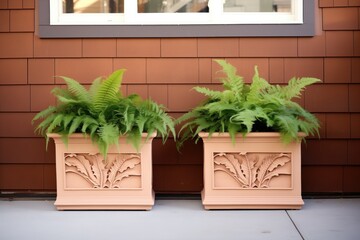 custom carved wooden planter boxes with ferns